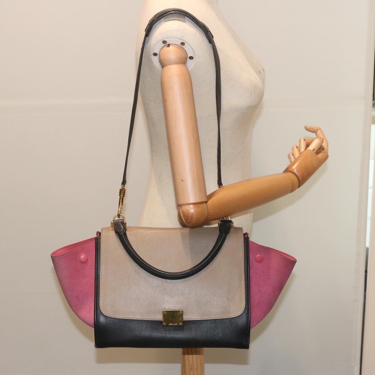 CELINE Trapeze Hand Bag Leather 2way Beige Pink Auth 69339