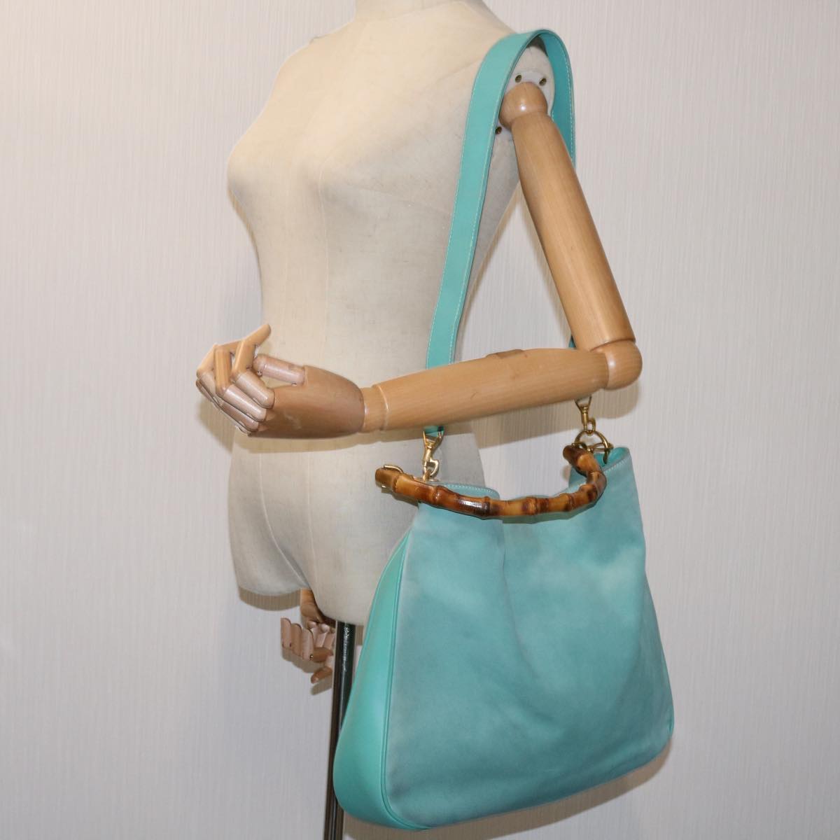 GUCCI Bamboo Shoulder Bag Suede 2way Light Blue 001 1577 Auth 69363