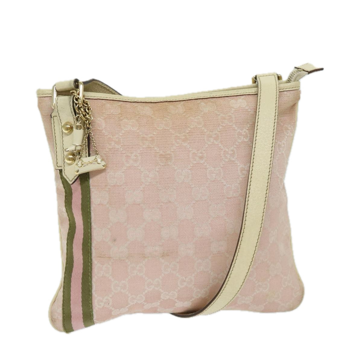 GUCCI GG Canvas Sherry Line Shoulder Bag Khaki Pink 144388 Auth 69452