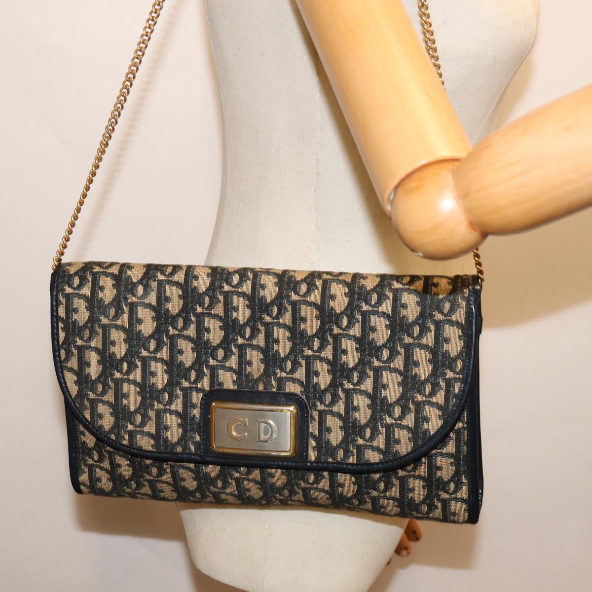 Christian Dior Trotter Canvas Chain Shoulder Bag Navy Auth 69501