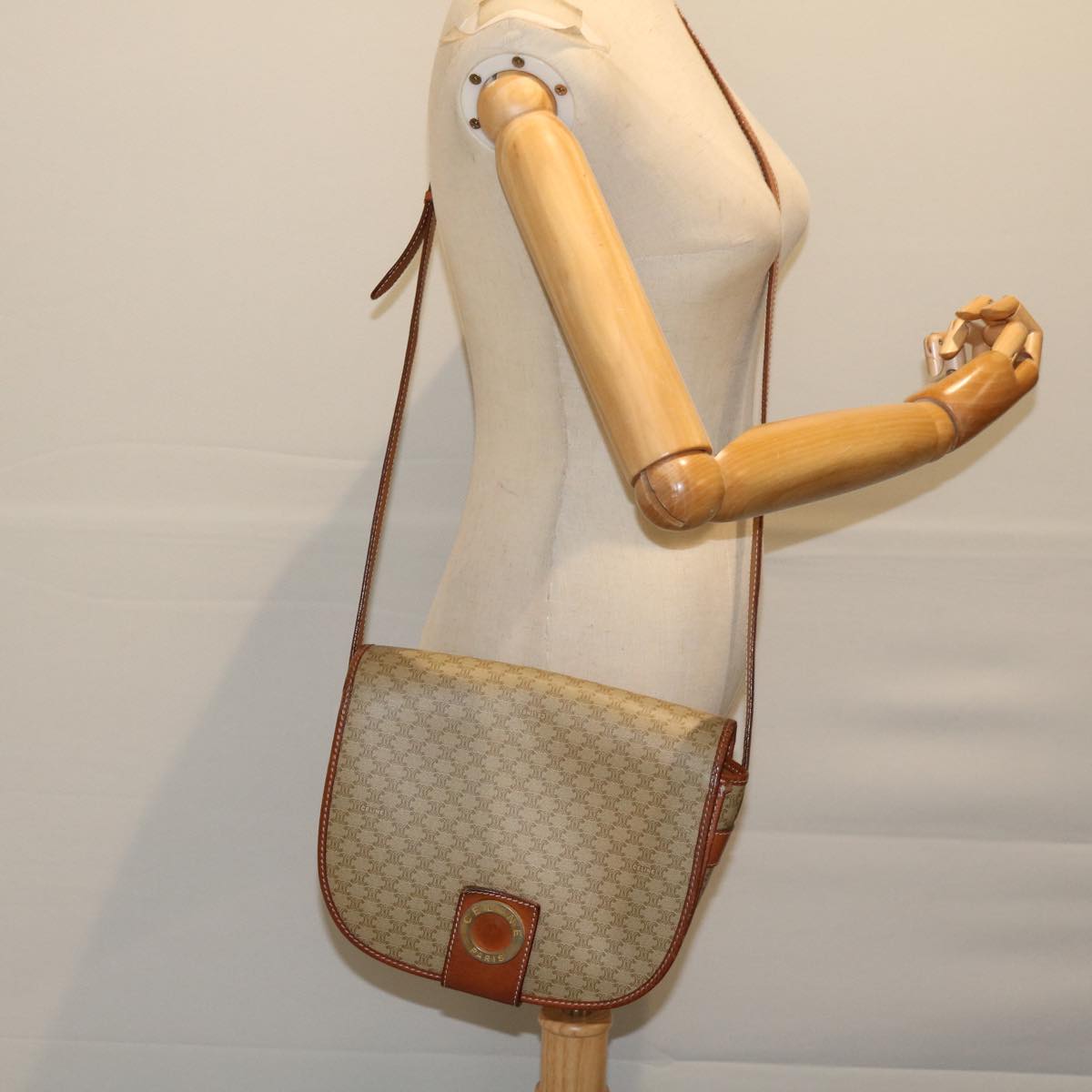 CELINE Macadam Canvas Shoulder Bag Beige Auth 69533