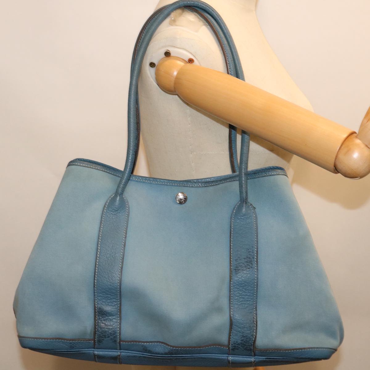 HERMES Garden Party PM Hand Bag Canvas Light Blue Auth 69609