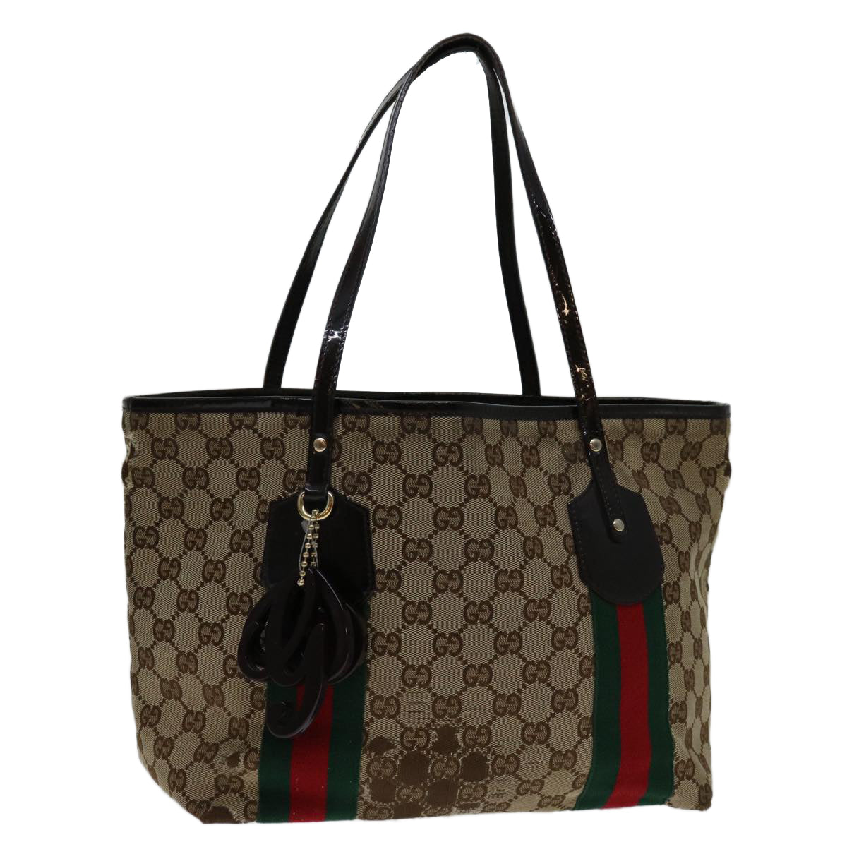 GUCCI GG Canvas Web Sherry Line Tote Bag Beige Red Green 211971 Auth 69638