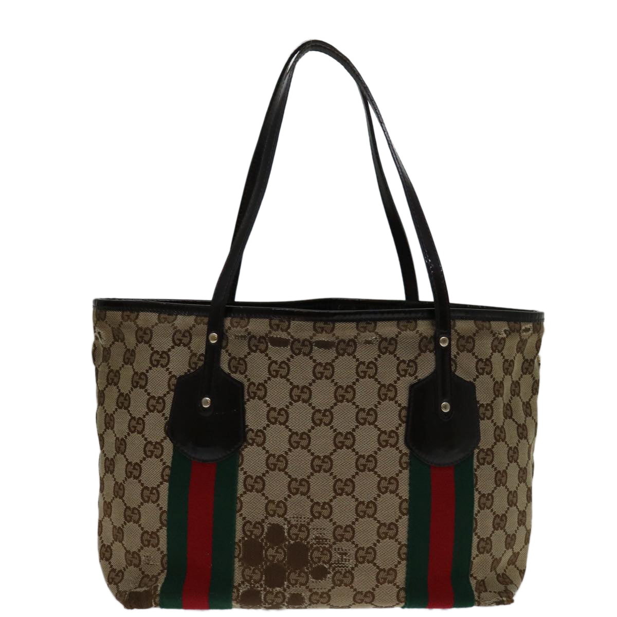 GUCCI GG Canvas Web Sherry Line Tote Bag Beige Red Green 211971 Auth 69638 - 0