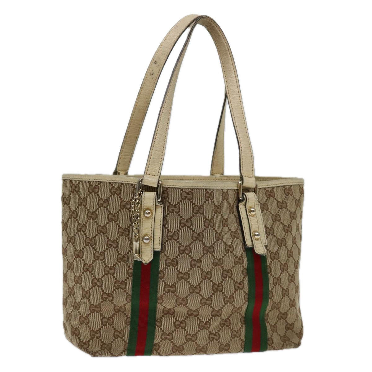 GUCCI GG Canvas Web Sherry Line Tote Bag Beige Red Green 137396 Auth 69642