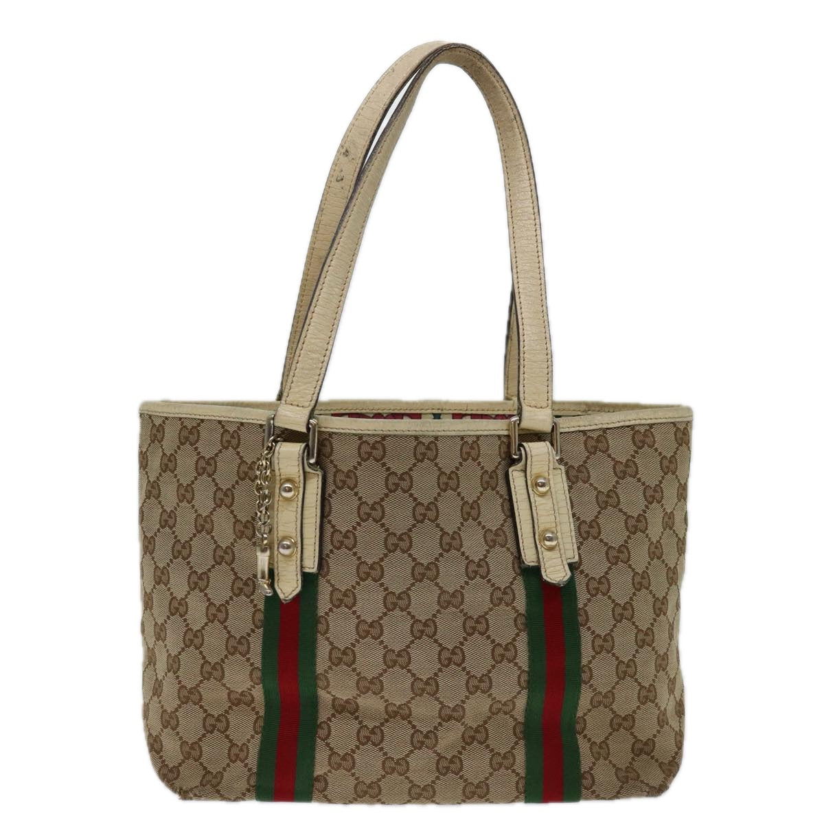 GUCCI GG Canvas Web Sherry Line Tote Bag Beige Red Green 137396 Auth 69642 - 0