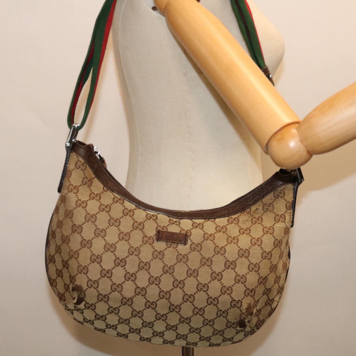 GUCCI GG Canvas Web Sherry Line Shoulder Bag Beige Red Green 181092 Auth 69646