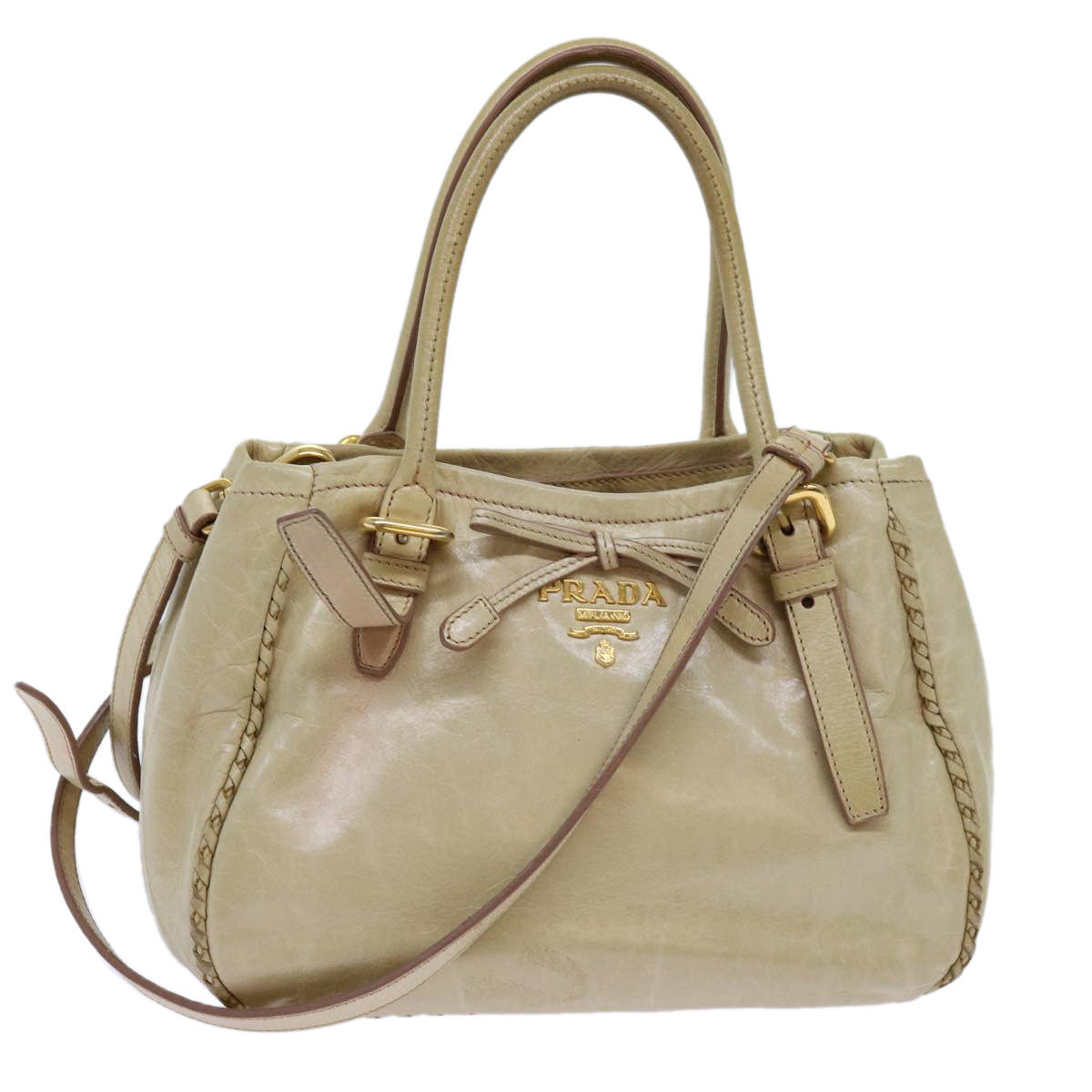 PRADA Hand Bag Leather 2way Beige Auth 69663