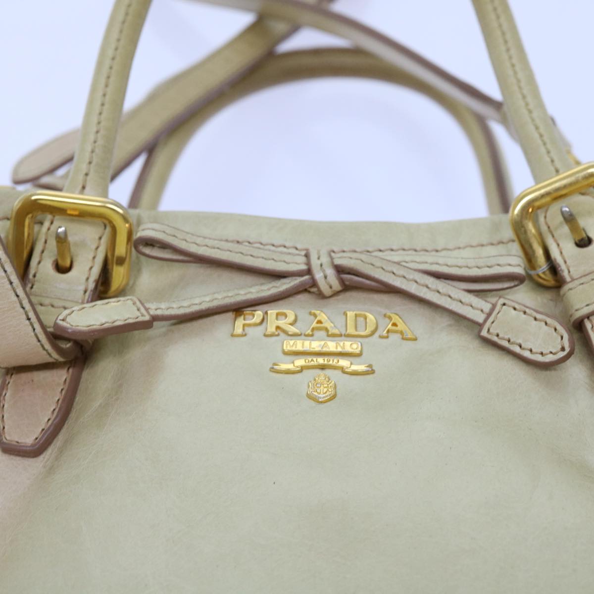 PRADA Hand Bag Leather 2way Beige Auth 69663