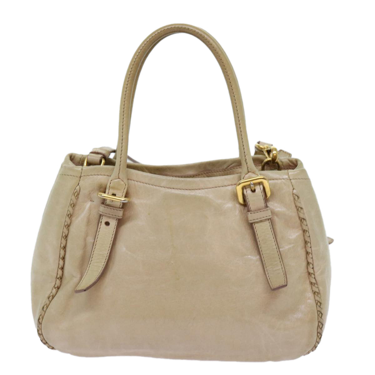 PRADA Hand Bag Leather 2way Beige Auth 69663