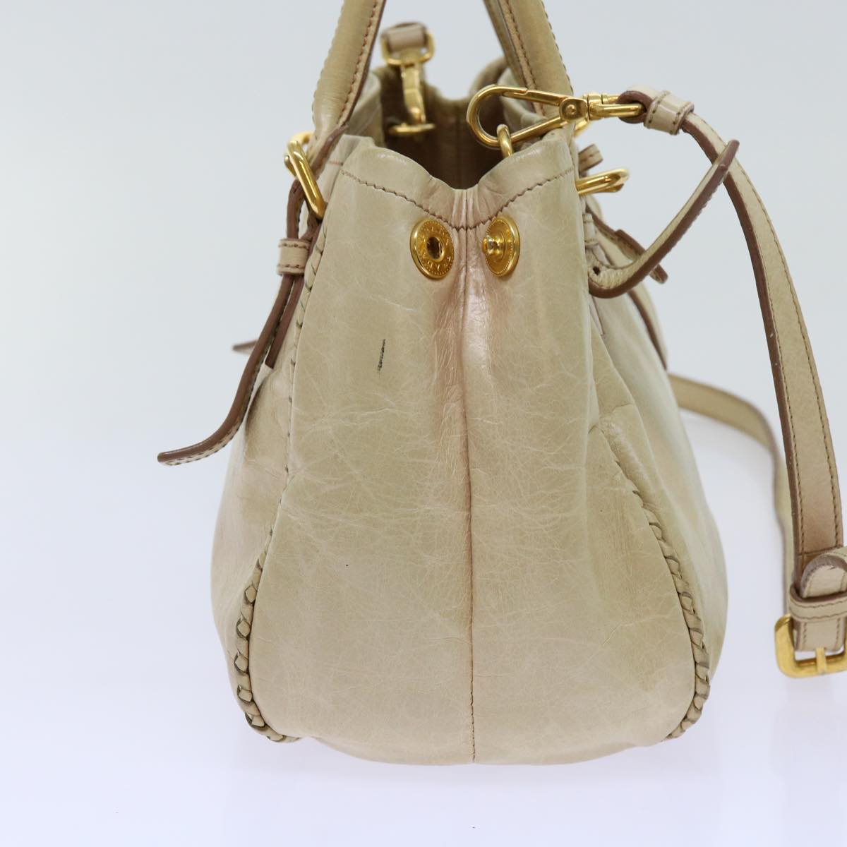 PRADA Hand Bag Leather 2way Beige Auth 69663