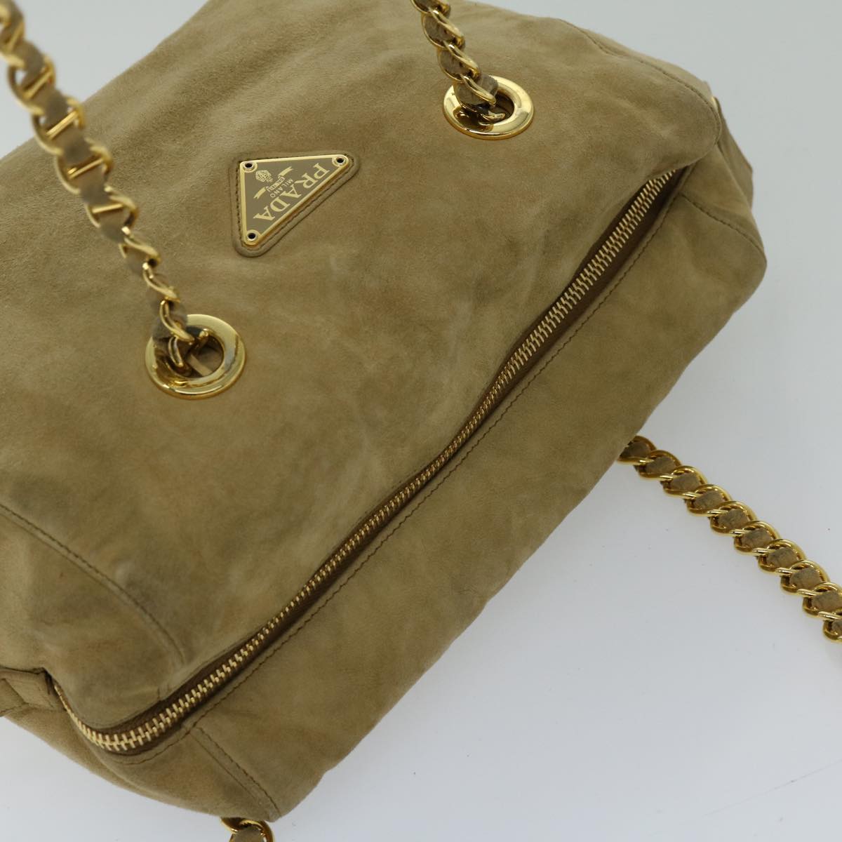 PRADA Chain Shoulder Bag Suede Beige Auth 69664