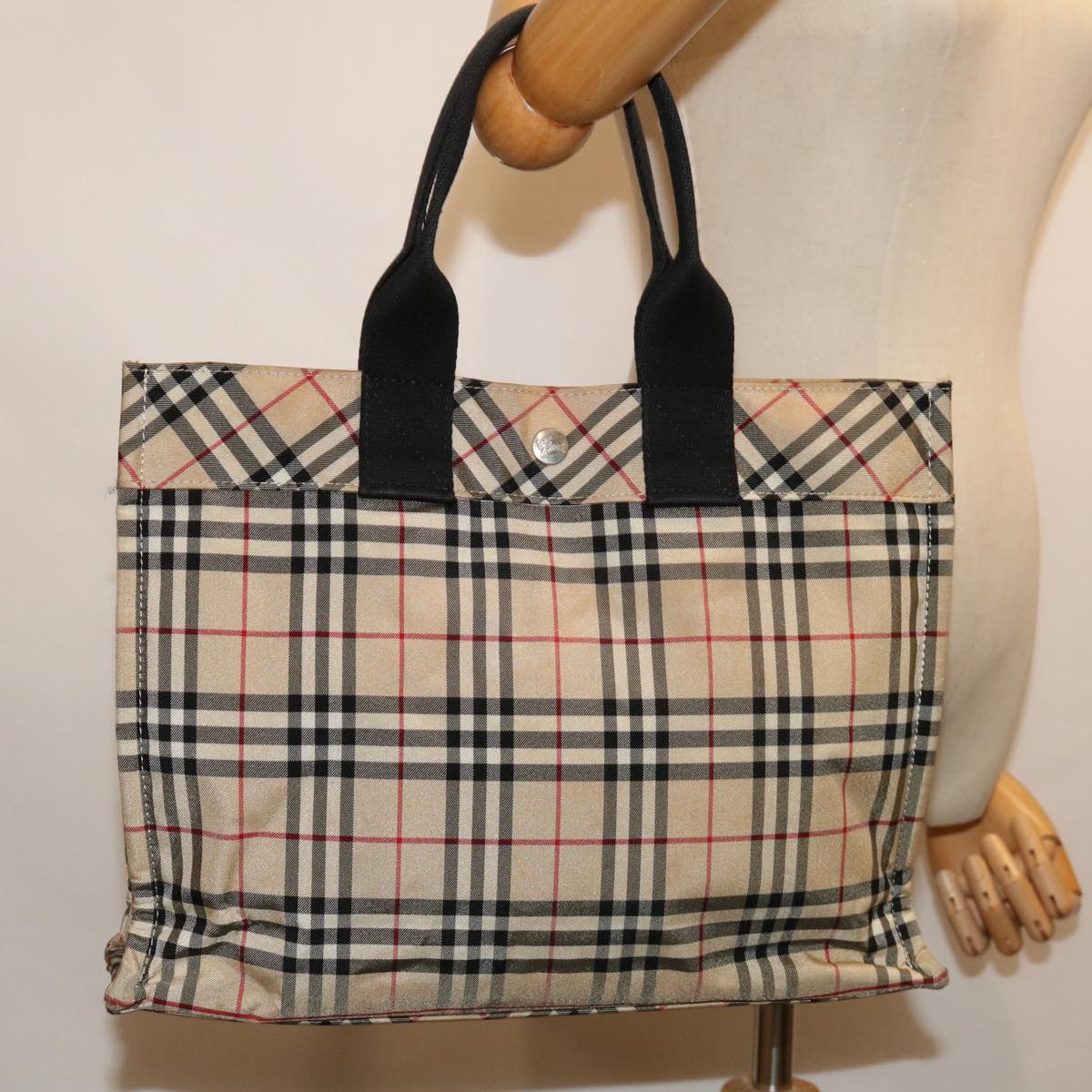 BURBERRY Nova Check Blue Label Tote Bag Nylon Beige Auth 69692