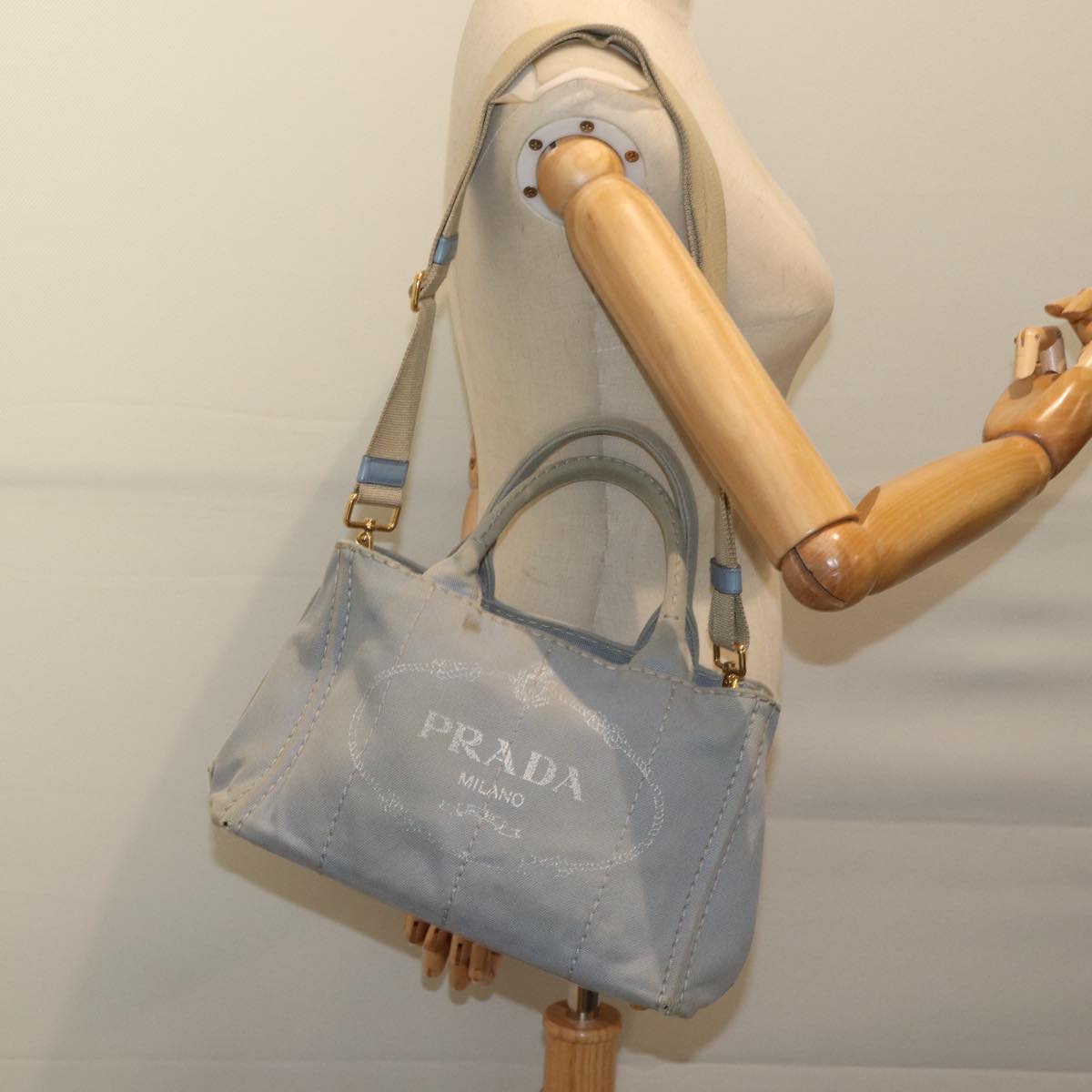 PRADA Canapa PM Hand Bag Canvas 2way Light Blue Auth 69721