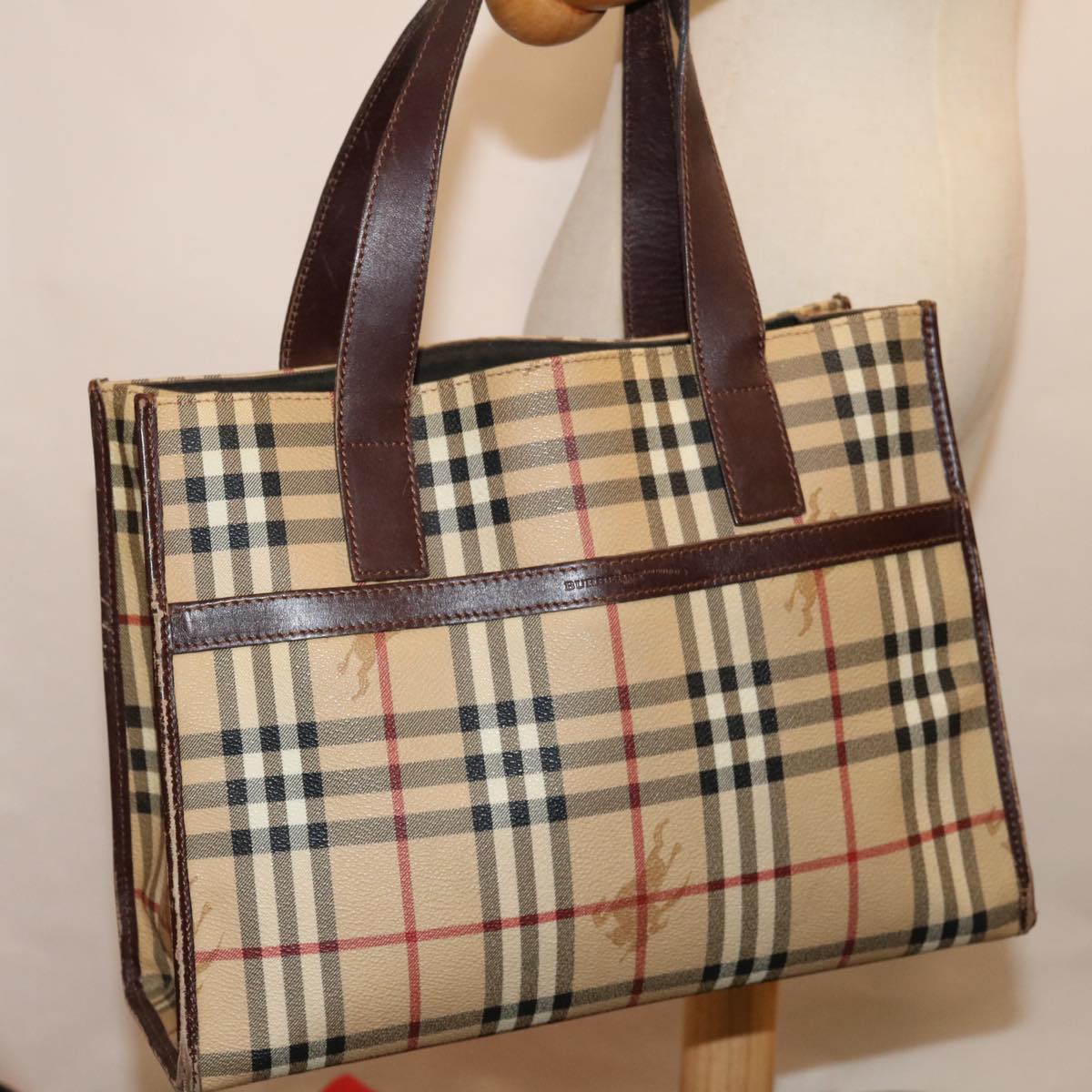 BURBERRY Nova Check Hand Bag PVC Leather Beige Auth 69784