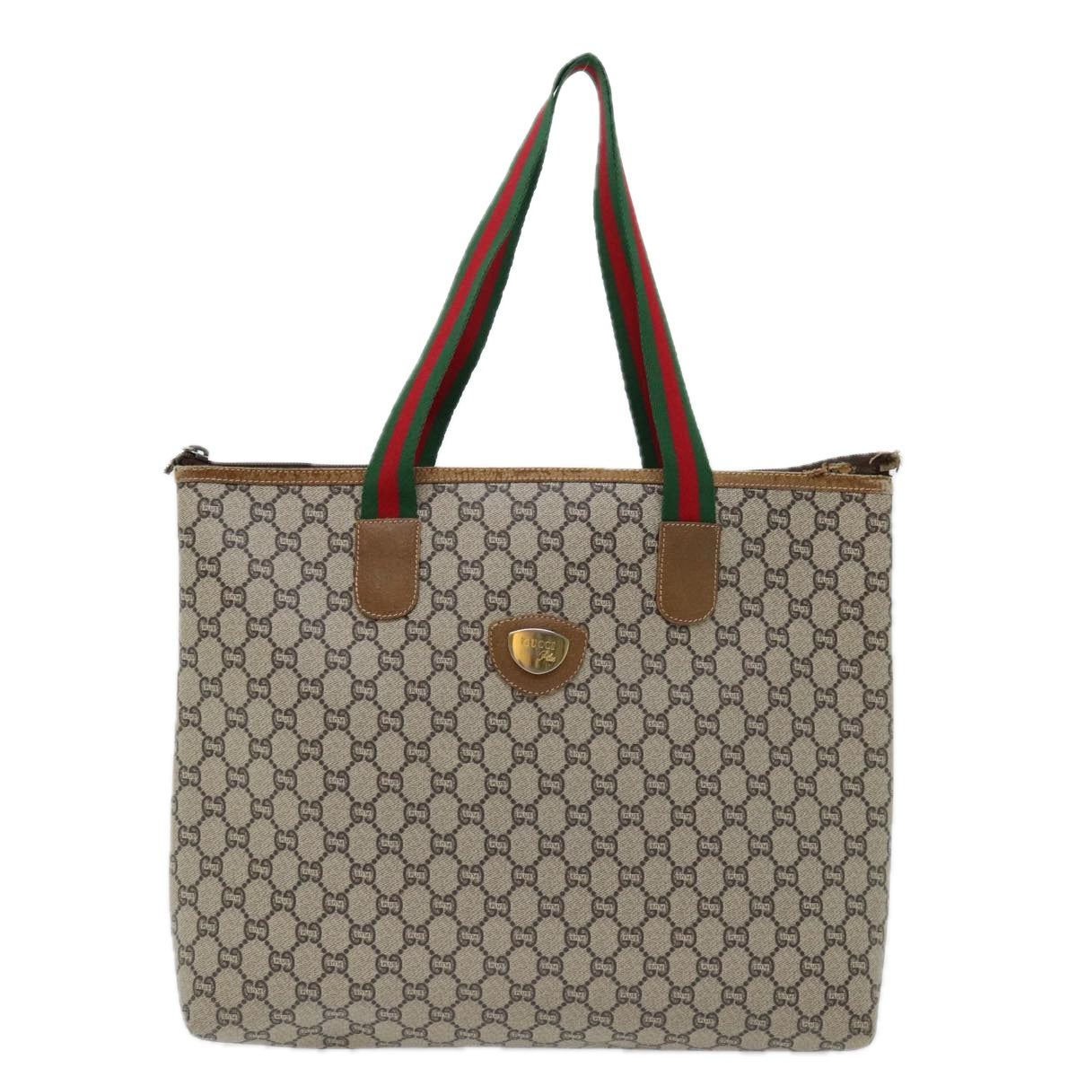 GUCCI GG Plus Supreme Web Sherry Line Tote Bag PVC Beige Green Red Auth 69790