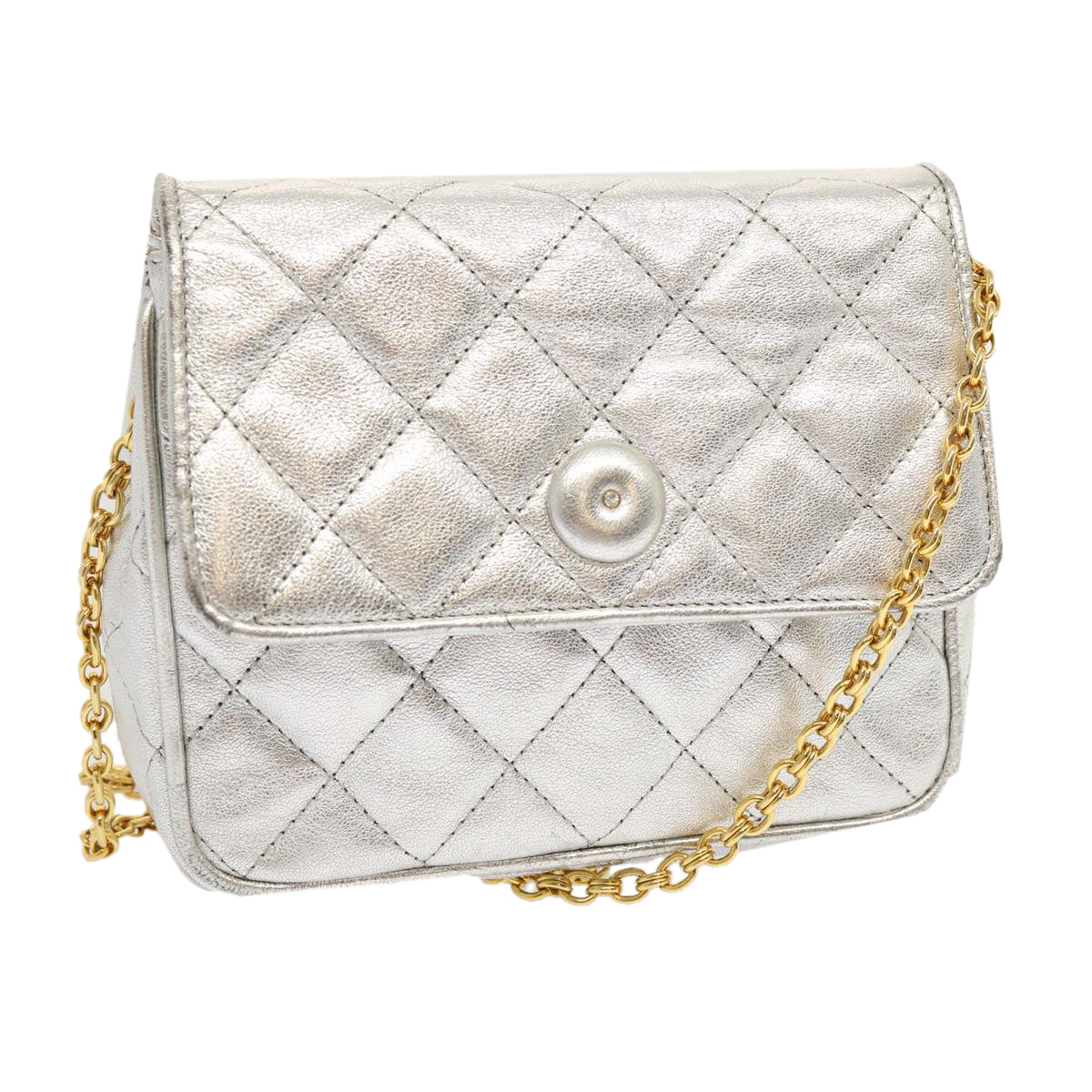 CHANEL Chain Shoulder Bag Leather Silver CC Auth 69855