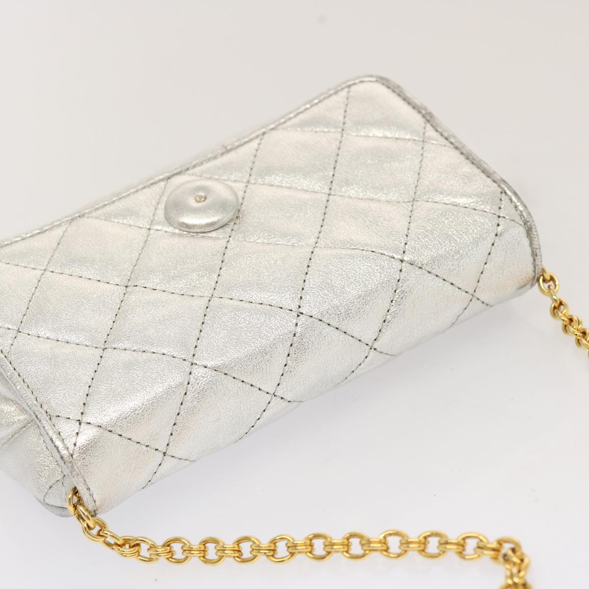 CHANEL Chain Shoulder Bag Leather Silver CC Auth 69855