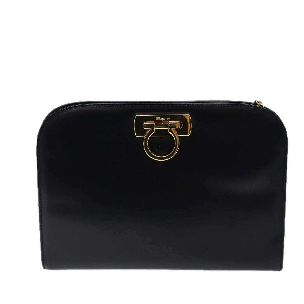 Salvatore Ferragamo Gancini Chain Shoulder Bag Leather Black Auth 69868
