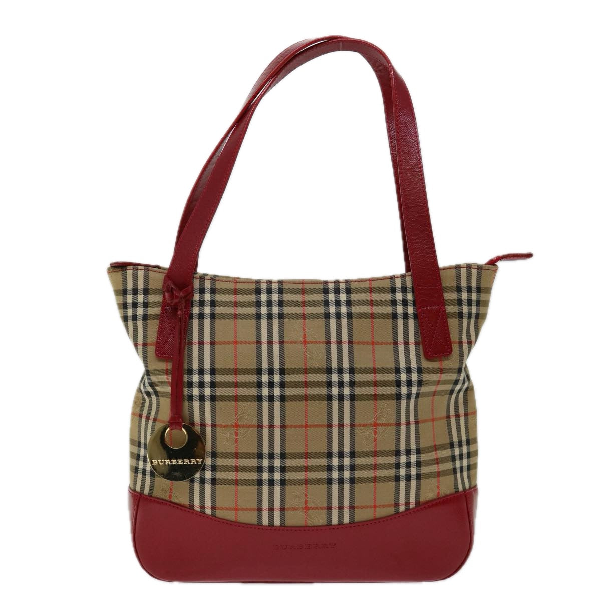 BURBERRY Nova Check Tote Bag Canvas Beige Red Auth 69899