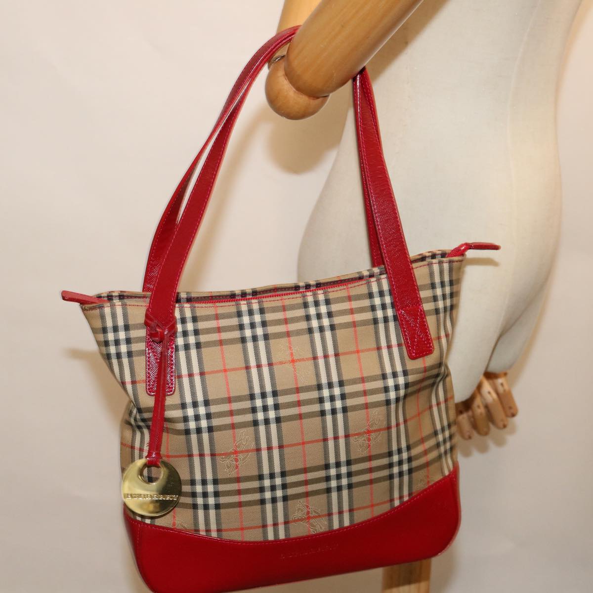 BURBERRY Nova Check Tote Bag Canvas Beige Red Auth 69899