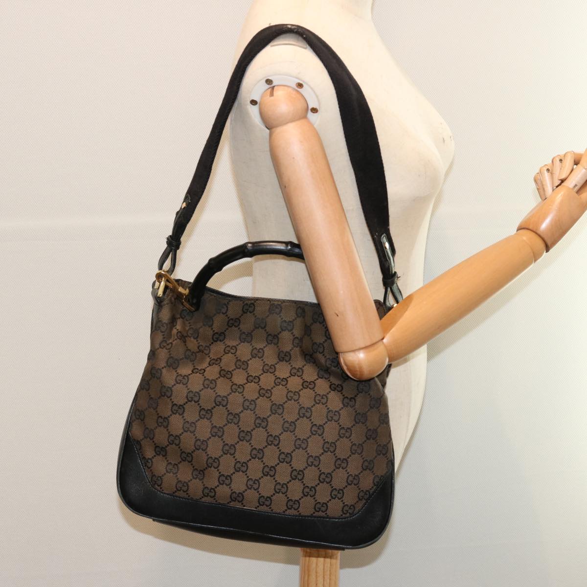 GUCCI Bamboo GG Canvas Shoulder Bag 2way Brown 001 4095 Auth 69948