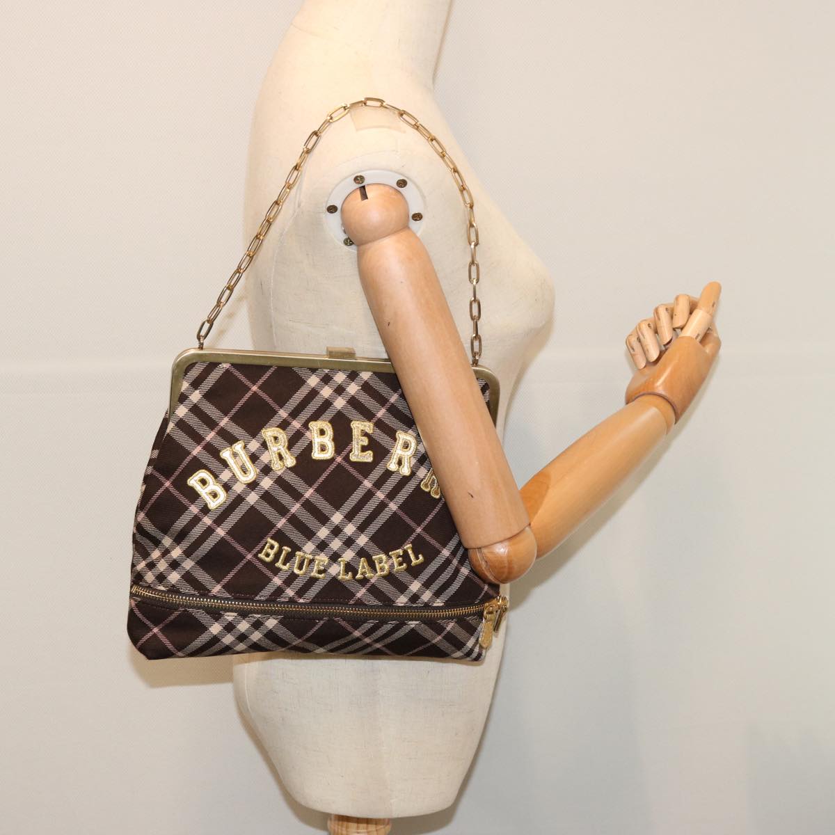 BURBERRY Nova Check Blue Label Chain Shoulder Bag Canvas Brown Auth 69961