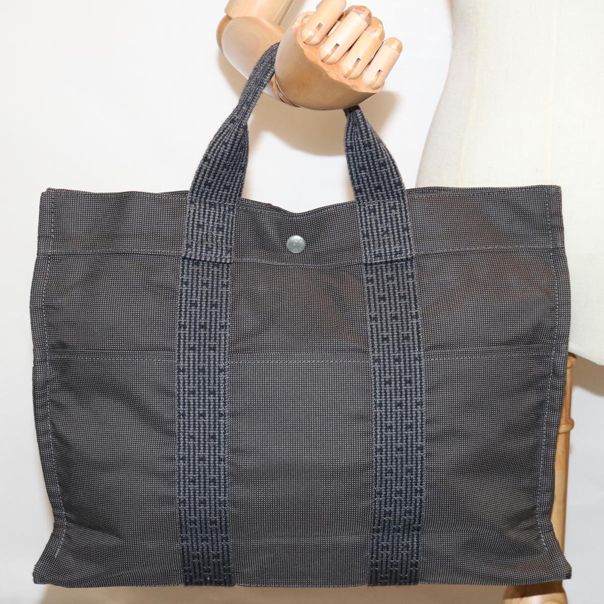 HERMES Her Line MM Tote Bag Canvas Gray Auth 69964