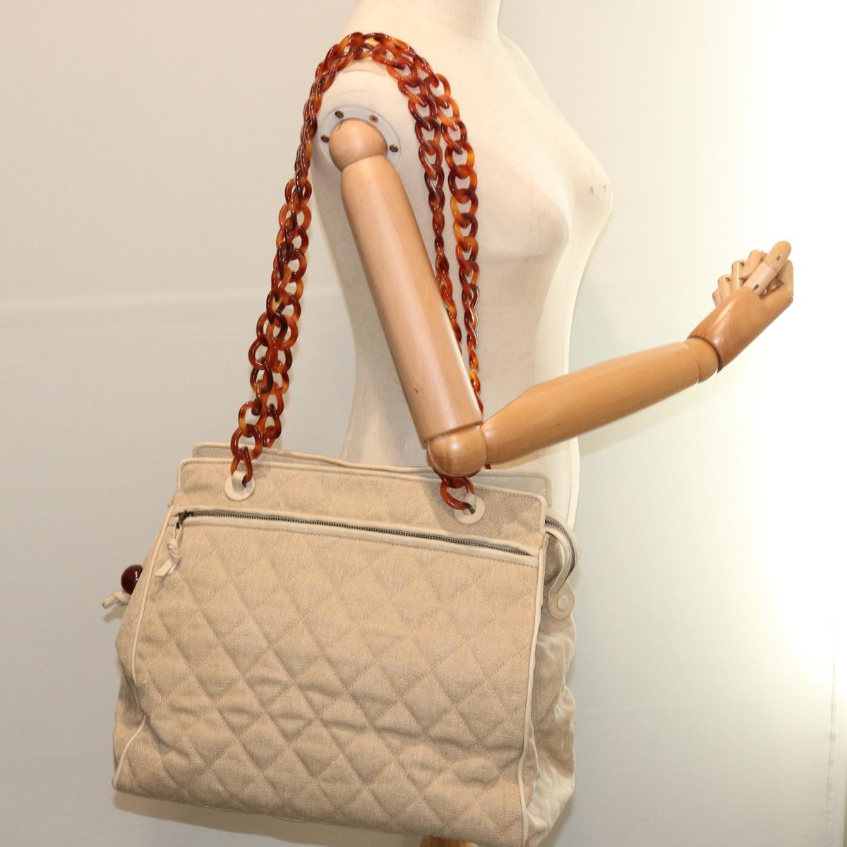 CHANEL Tote Bag Canvas Beige CC Auth 69969