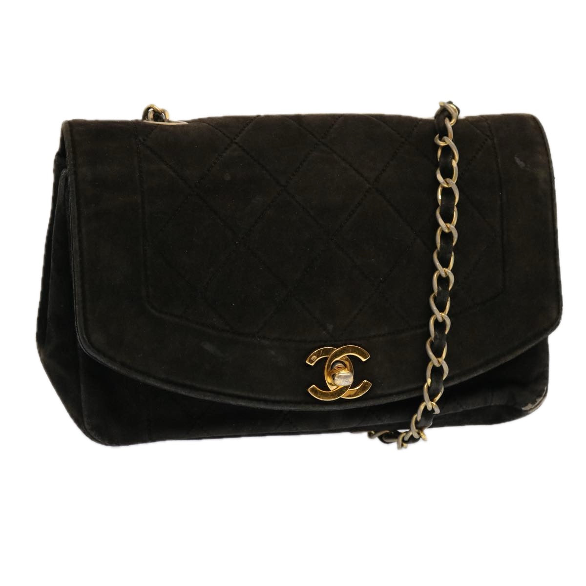 CHANEL Diana Matelasse Chain Shoulder Bag Suede Black CC Auth 69992A