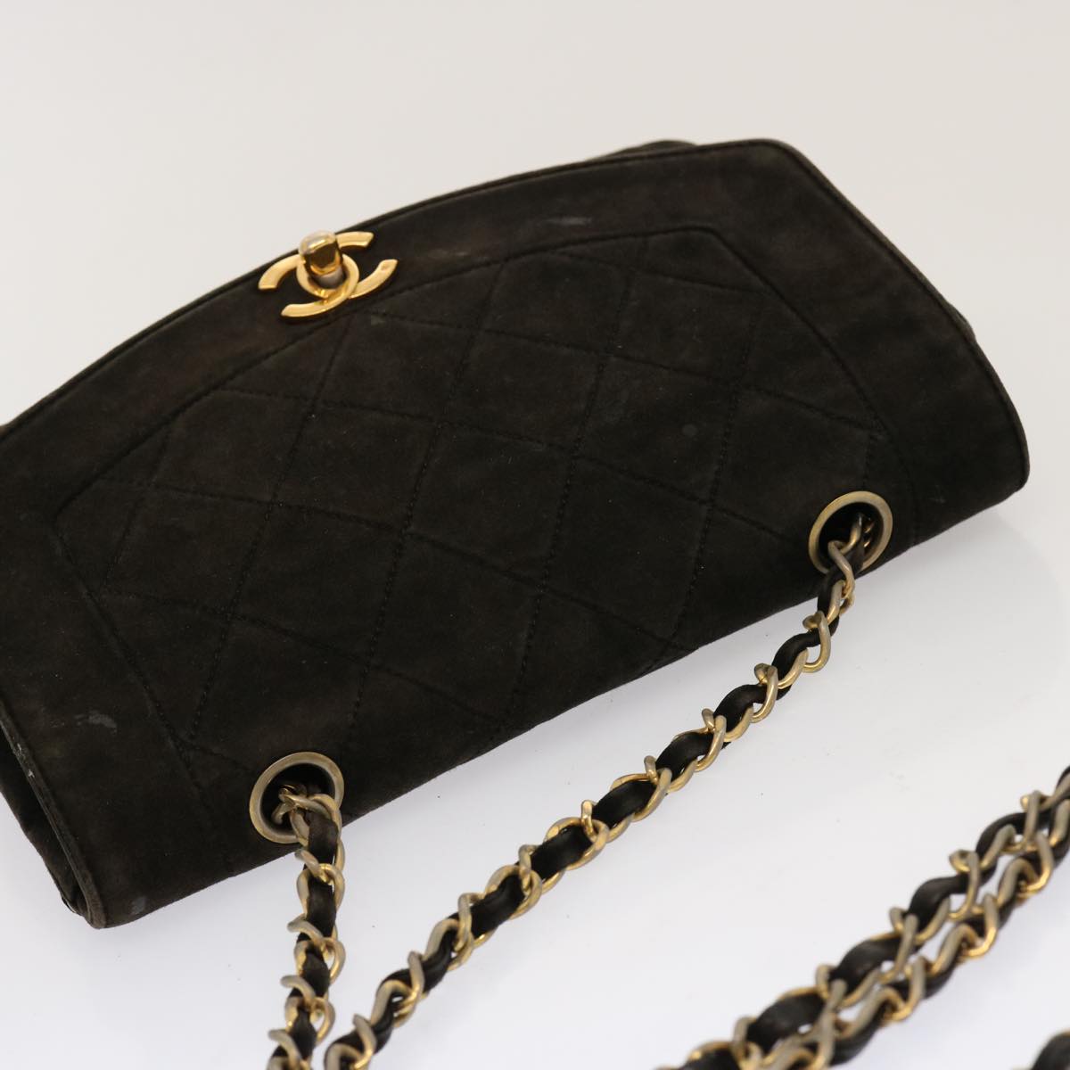 CHANEL Diana Matelasse Chain Shoulder Bag Suede Black CC Auth 69992A