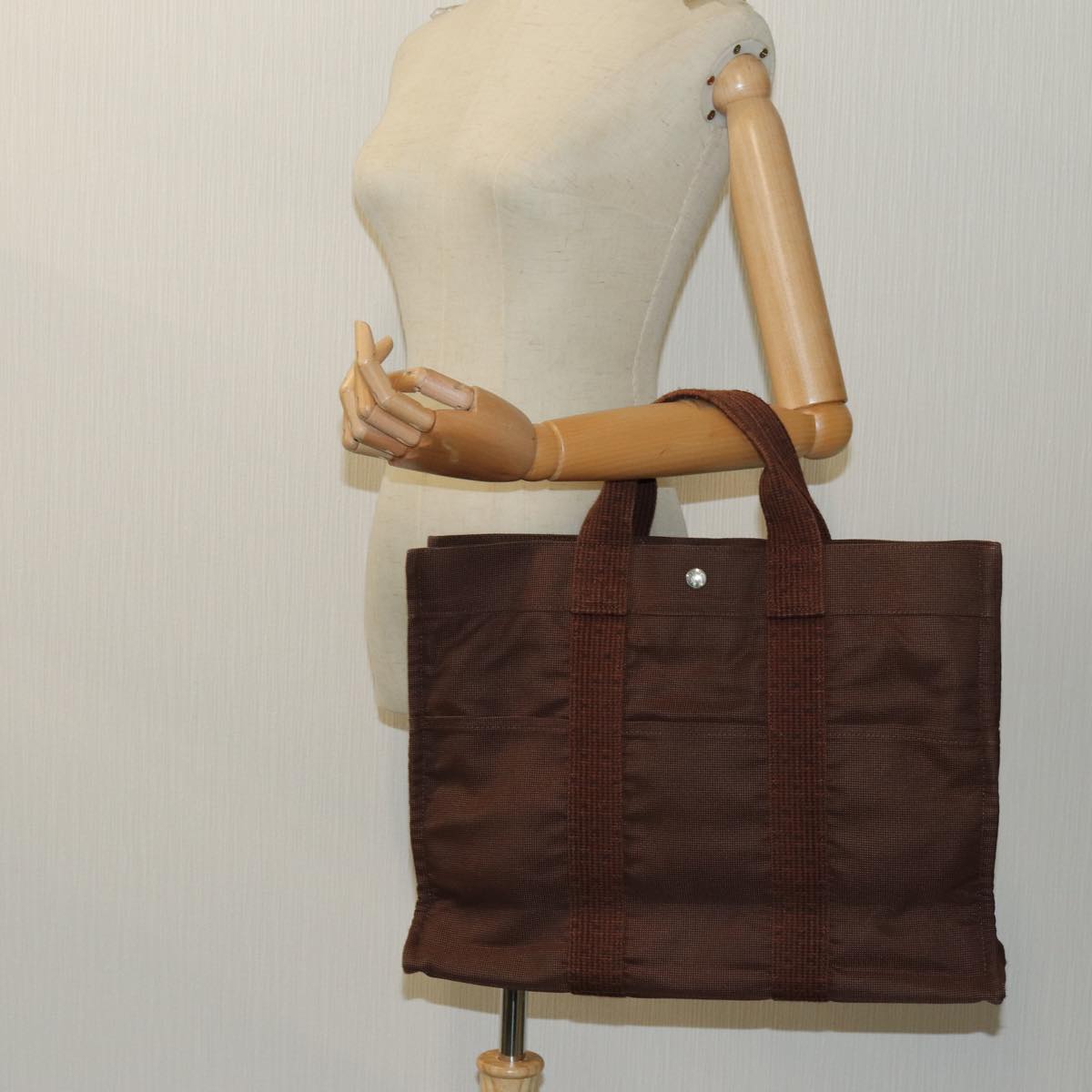 HERMES Her Line MM Tote Bag Canvas Brown Auth 70184