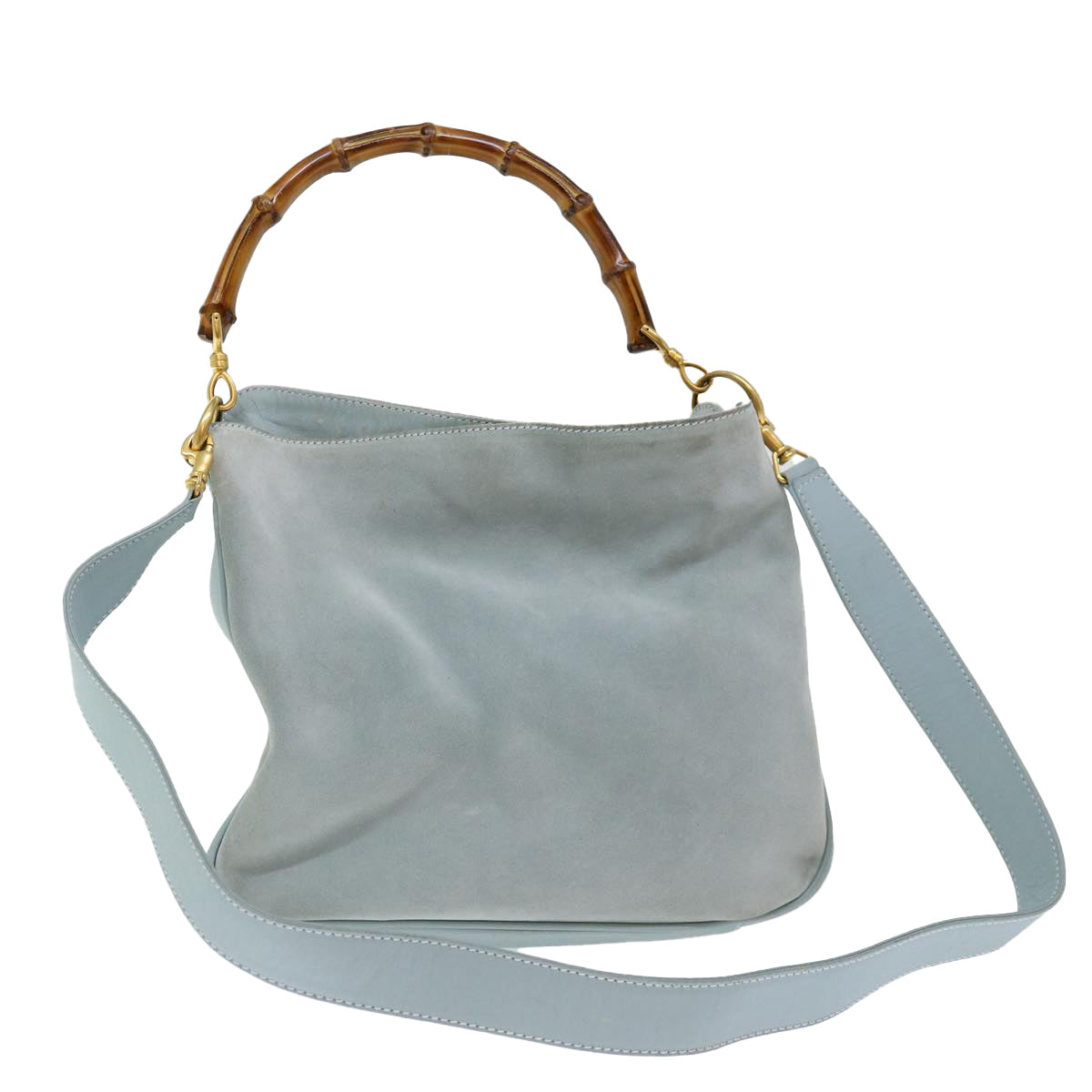 GUCCI Bamboo Shoulder Bag Suede 2way Light Blue Auth 70205