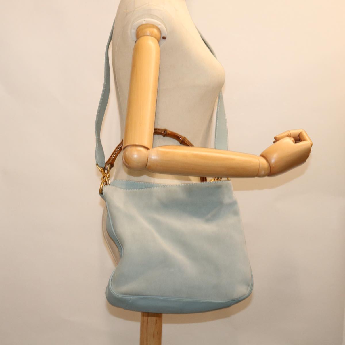 GUCCI Bamboo Shoulder Bag Suede 2way Light Blue Auth 70205