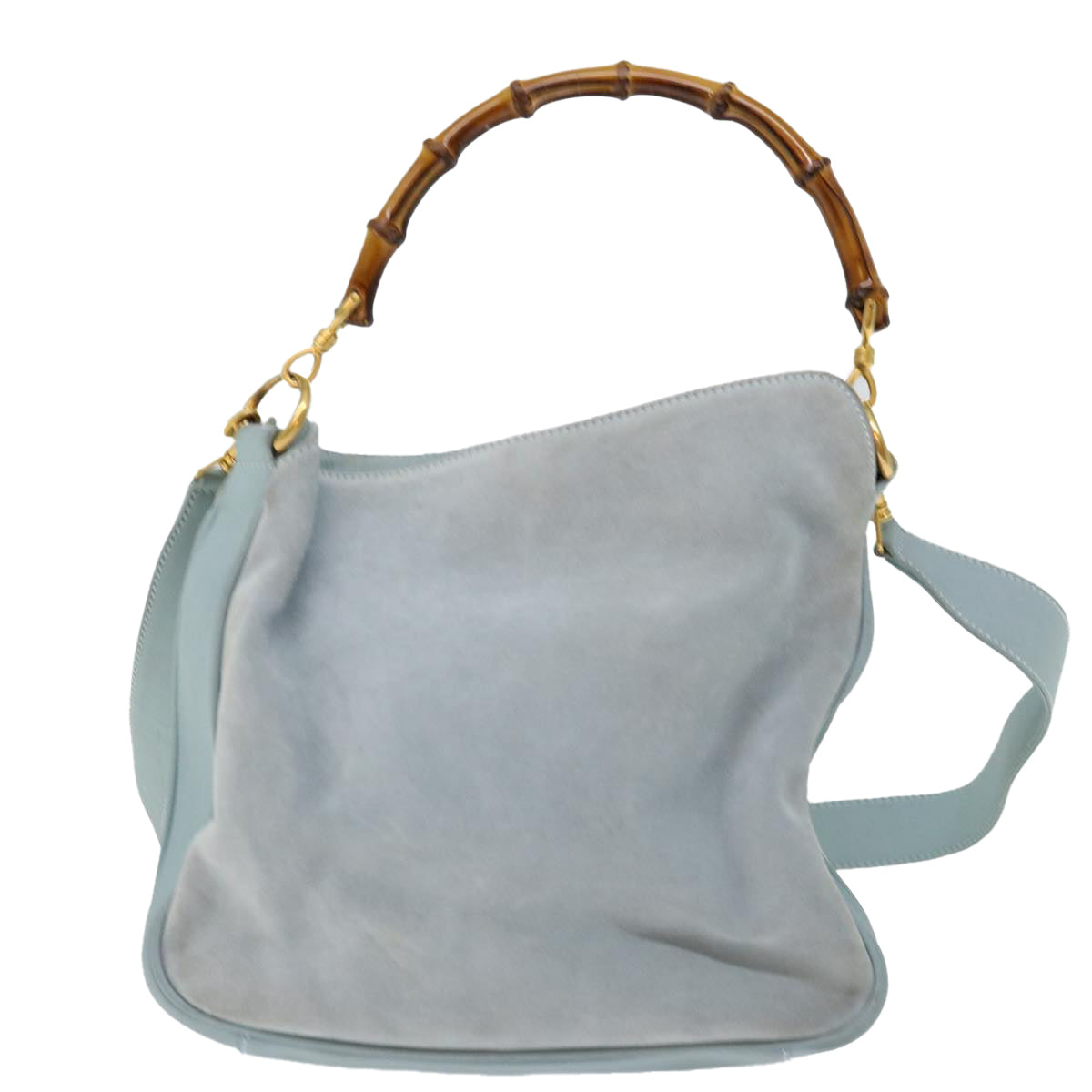 GUCCI Bamboo Shoulder Bag Suede 2way Light Blue Auth 70205