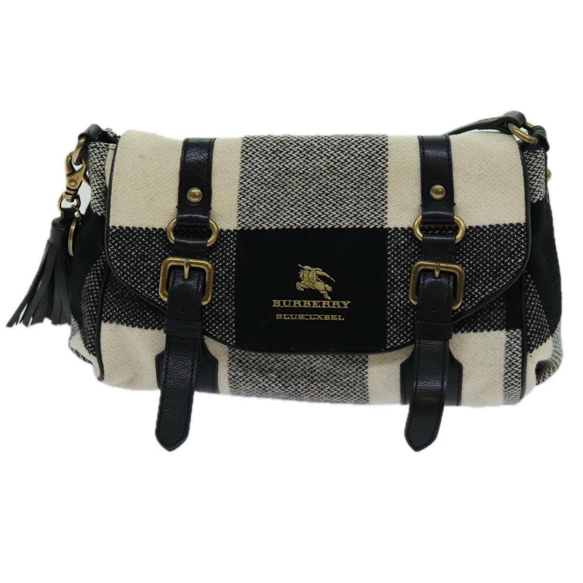 BURBERRY Nova Check Blue Label Shoulder Bag Wool White Black Auth 70359