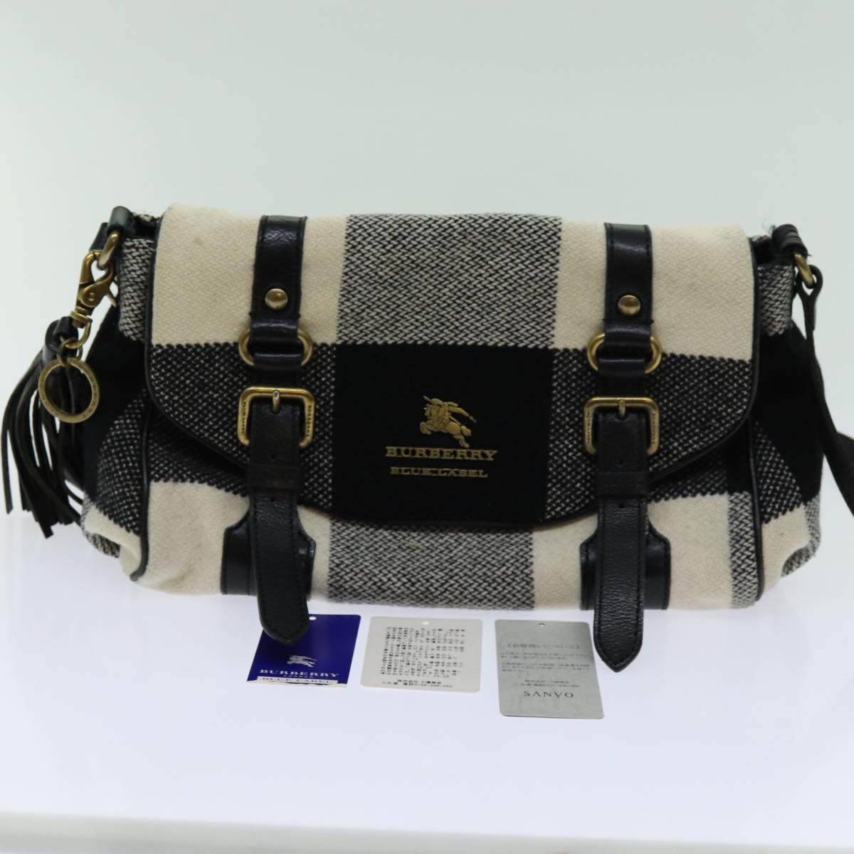 BURBERRY Nova Check Blue Label Shoulder Bag Wool White Black Auth 70359