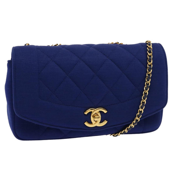 CHANEL Diana Matelasse Chain Shoulder Bag Canvas Blue Gold CC Auth 70391SAM