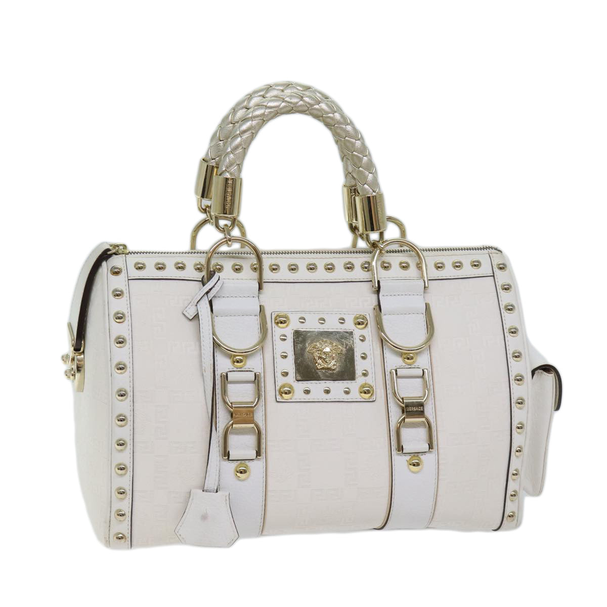 VERSACE Boston Bag Leather White Auth 70452A