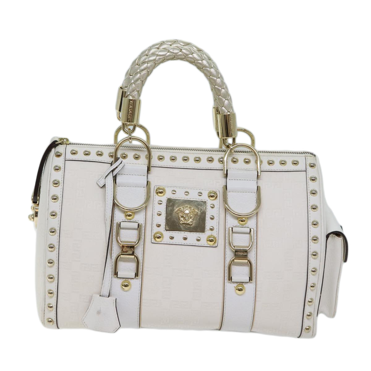 VERSACE Boston Bag Leather White Auth 70452A
