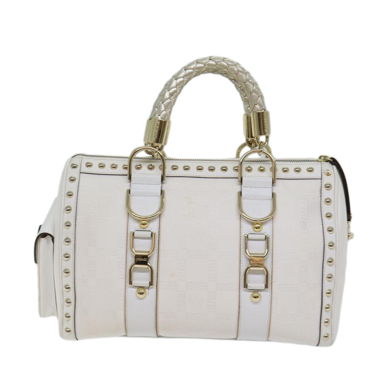 VERSACE Boston Bag Leather White Auth 70452A - 0