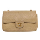 CHANEL Matelasse Chain Shoulder Bag Lamb Skin Beige CC Auth 70454A-13