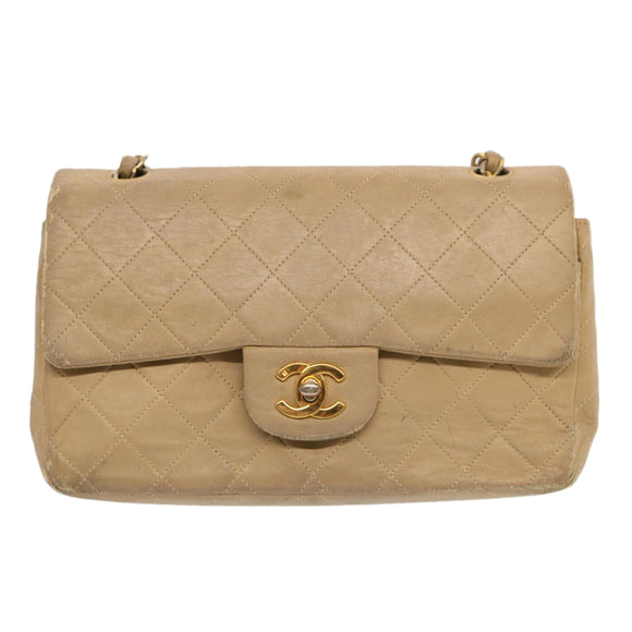 CHANEL Matelasse Chain Shoulder Bag Lamb Skin Beige CC Auth 70454A