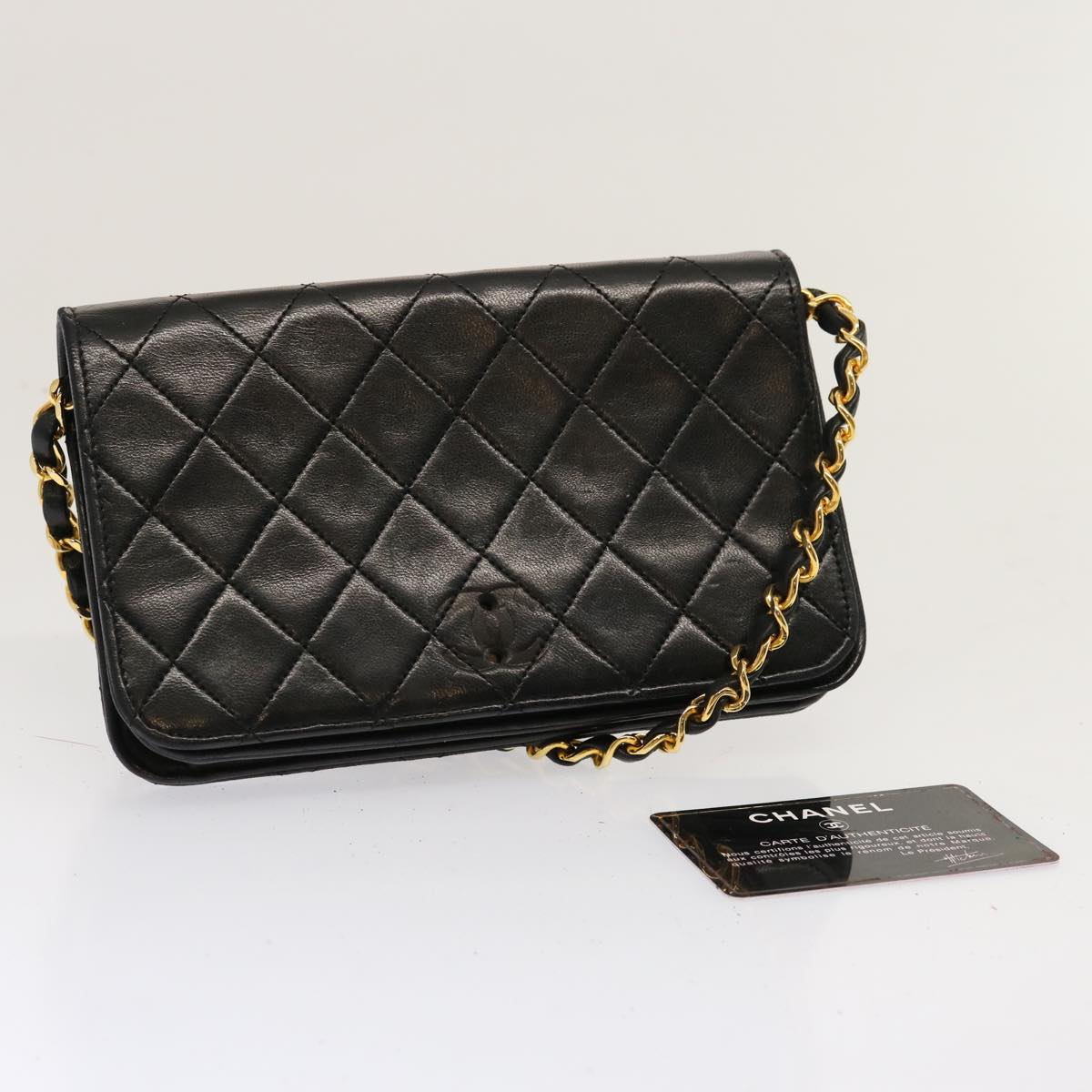 CHANEL Matelasse Chain Shoulder Bag Lamb Skin Black CC Auth 70456