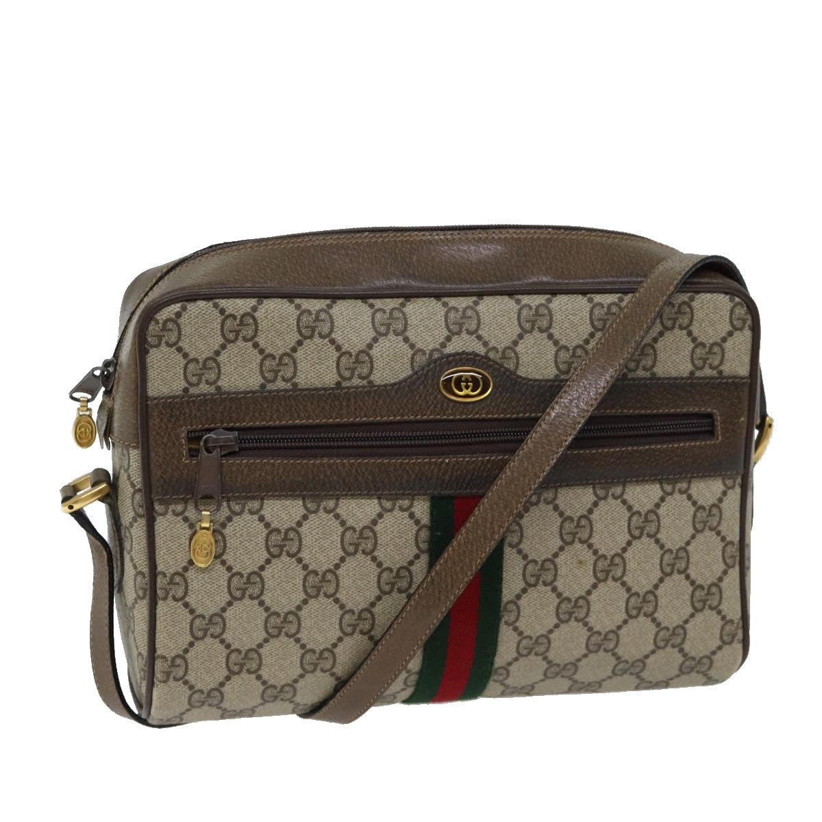 GUCCI GG Canvas Web Sherry Line Shoulder Bag PVC Beige Red Green Auth 70522