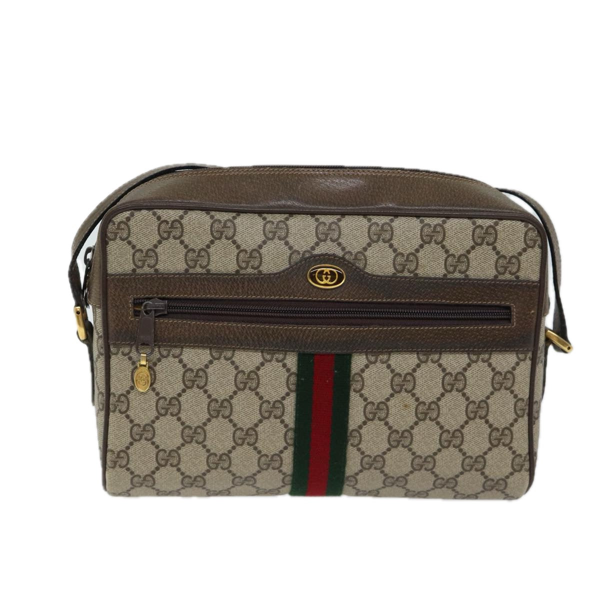 GUCCI GG Canvas Web Sherry Line Shoulder Bag PVC Beige Red Green Auth 70522