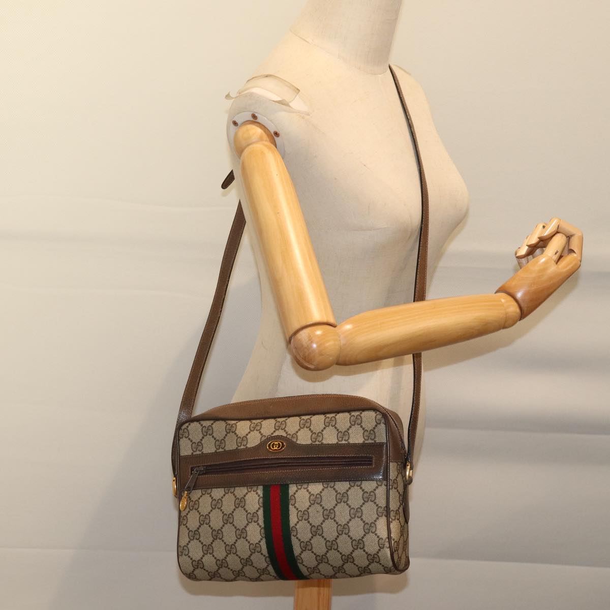 GUCCI GG Canvas Web Sherry Line Shoulder Bag PVC Beige Red Green Auth 70522