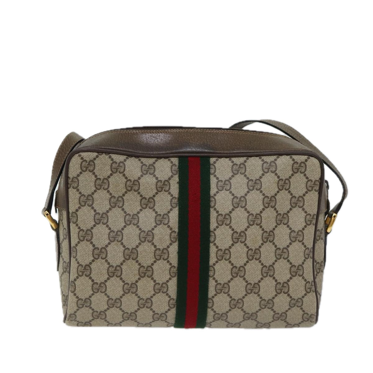 GUCCI GG Canvas Web Sherry Line Shoulder Bag PVC Beige Red Green Auth 70522