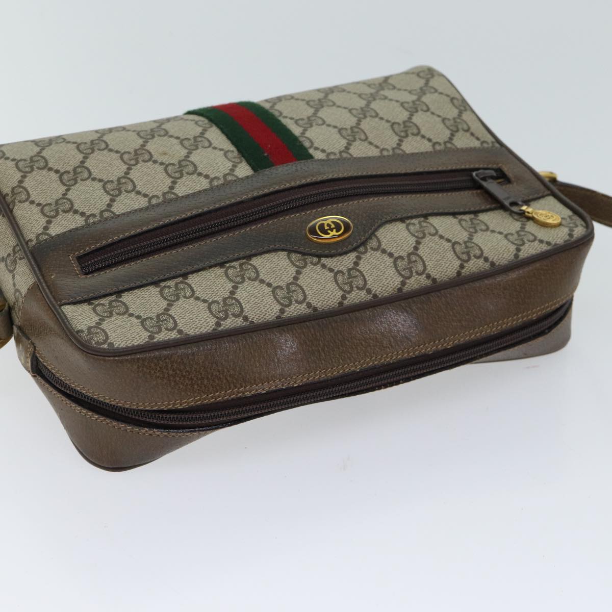 GUCCI GG Canvas Web Sherry Line Shoulder Bag PVC Beige Red Green Auth 70522