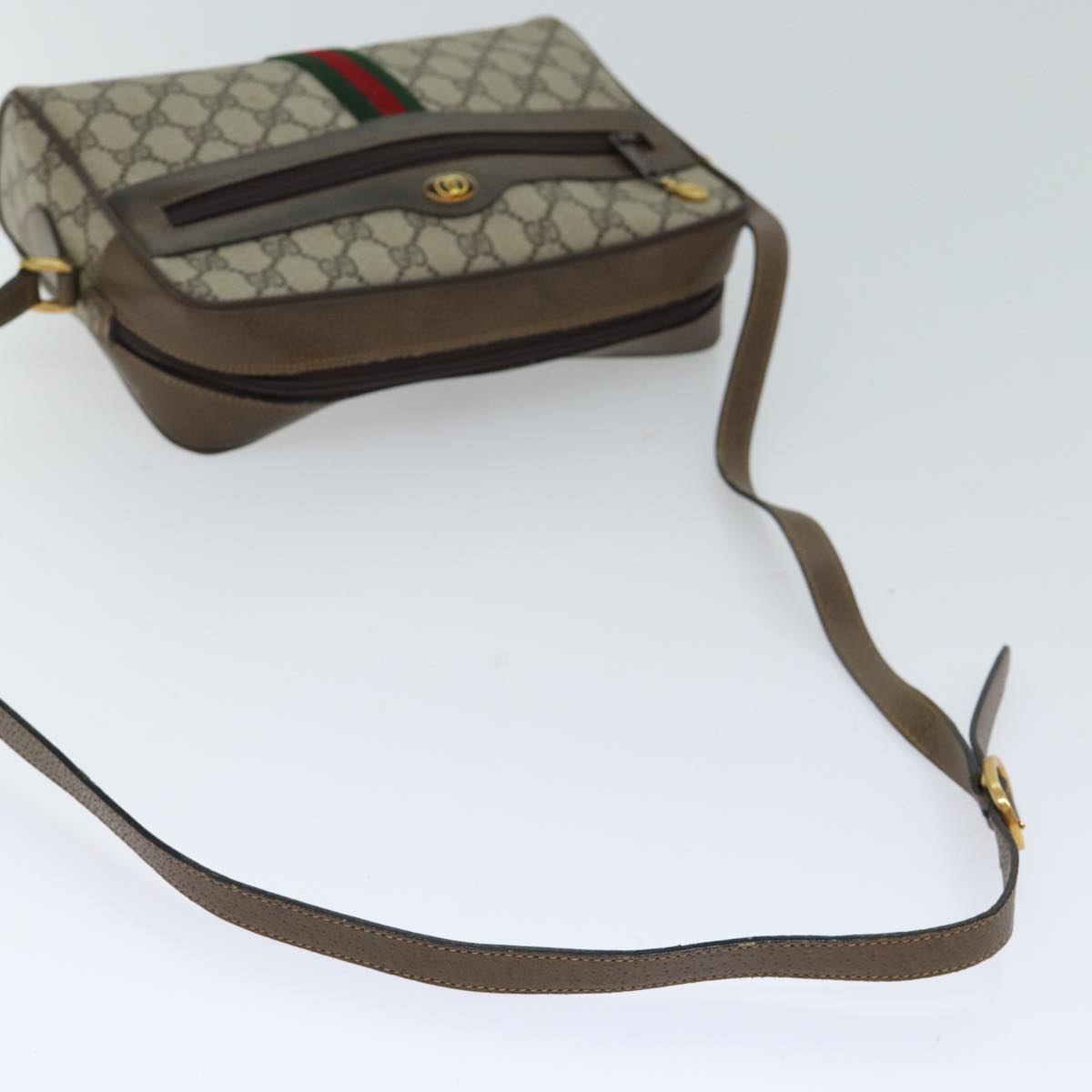 GUCCI GG Canvas Web Sherry Line Shoulder Bag PVC Beige Red Green Auth 70522